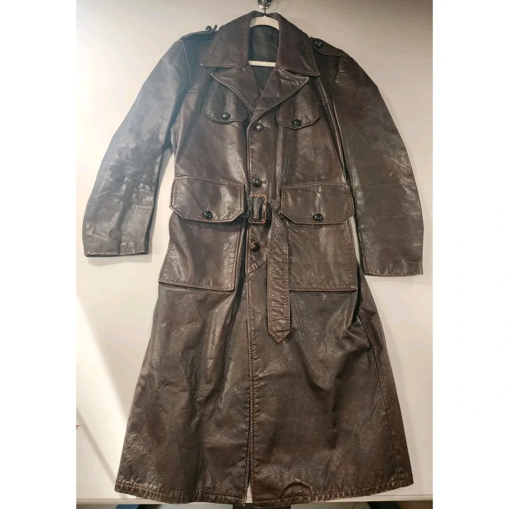 Vintage 1940s German Leather Trench Coat Mens L Brown Horsehide WW2 Officers